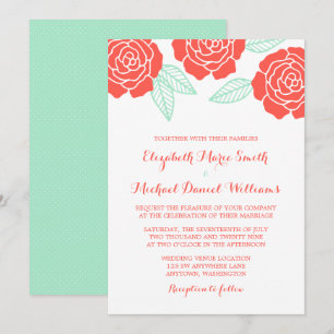 Modern Coral and Mint Rose Wedding Invitations