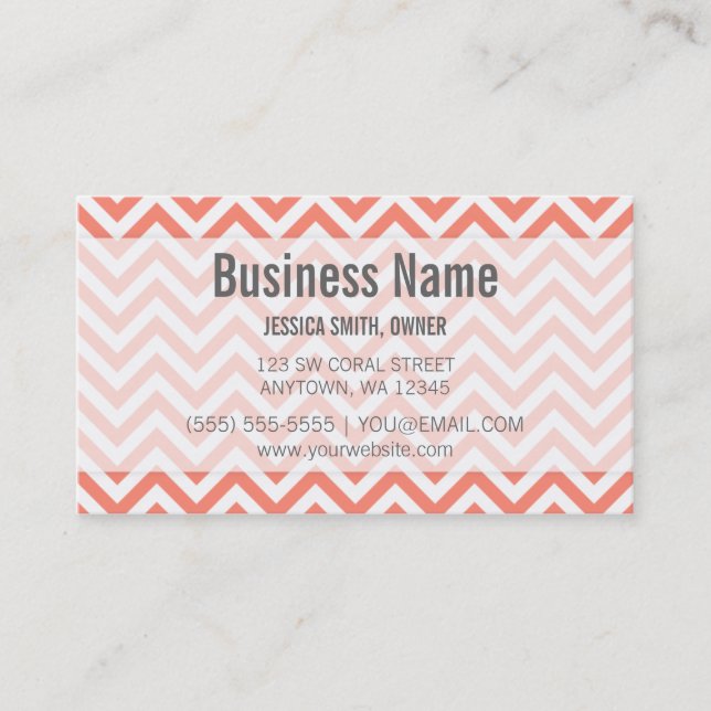 Modern Coral and White Chevron Pattern Business Card (Front)