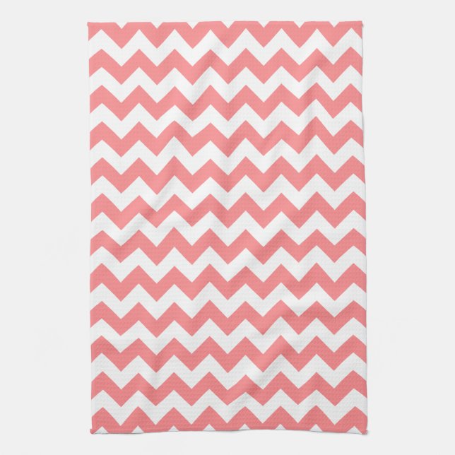 Modern Coral and White Chevron Zigzag Pattern Kitchen Towel (Vertical)