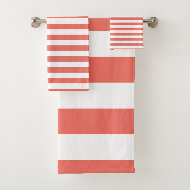 Modern Coral and White Striped pattern Bath Towel Set (Insitu)