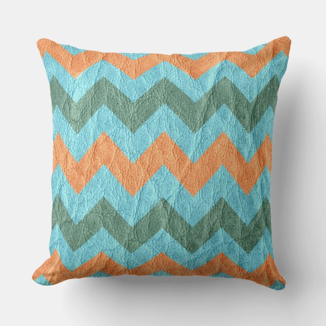 Modern Coral Aqua Chevron Leather Throw Pillow (Front)