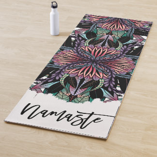 Modern Coral Black Floral Leaves Mandala Pattern Yoga Mat