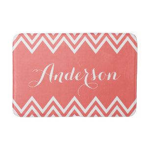 Modern Coral Chevron Custom Monogram Bath Mat