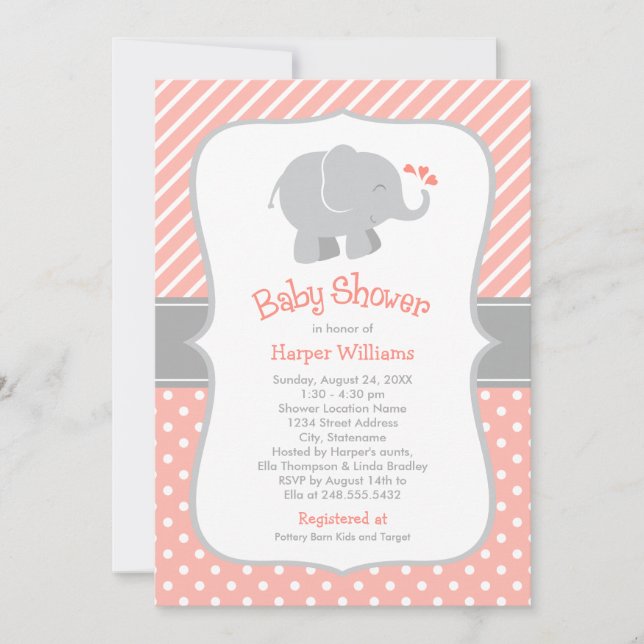 Modern Coral Elephant Girl Baby Shower Invitation (Front)