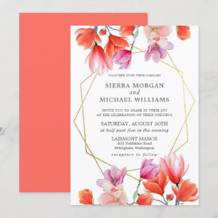Modern Coral Floral Gold Geometric Wedding Invitation
