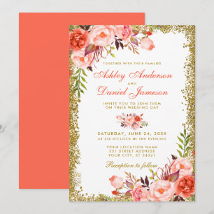 Modern Coral Floral Gold Glitter Wedding Invitation