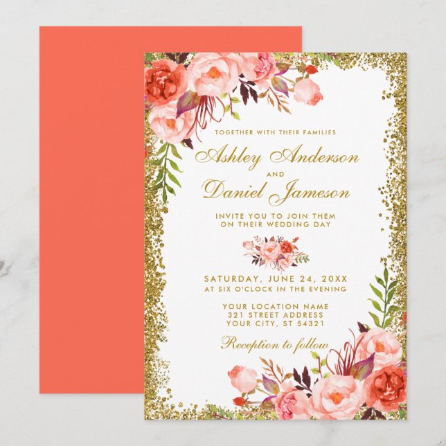 Modern Coral Floral Wedding Gold Glitter Invitation (Front/Back)