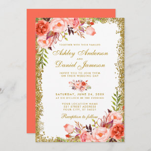 Modern Coral Floral Wedding Gold Glitter Invitation