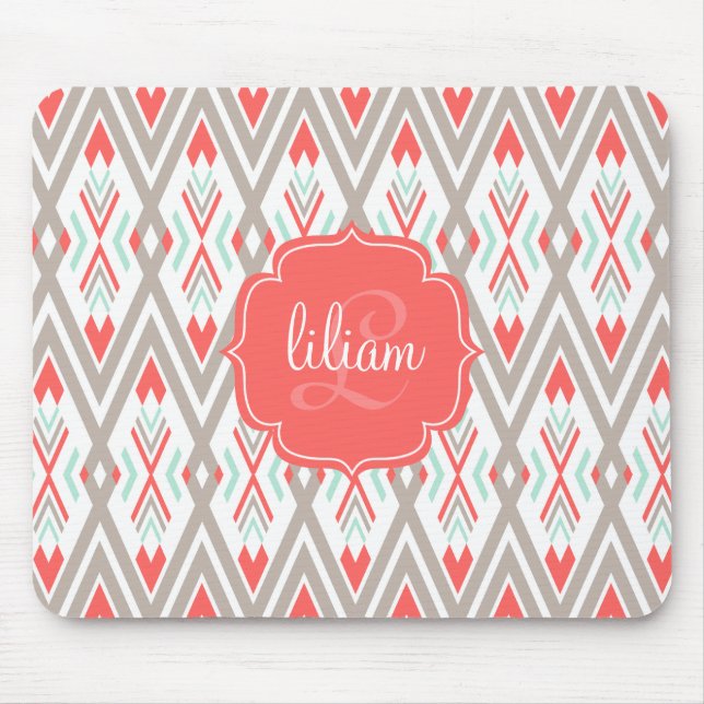 Modern Coral Geometric Tribal Aztec Personalized Mouse Pad (Front)