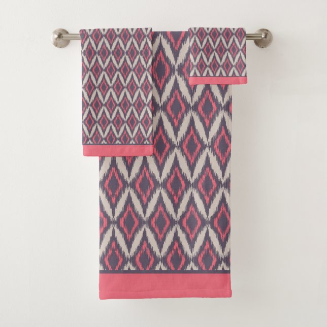 Modern Coral Grey Ikat Pattern  Bath Towel Set (Insitu)
