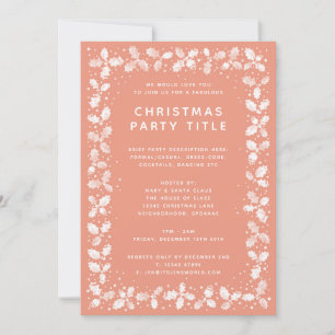 Modern Coral Lino Print Holly Christmas Party Invitation