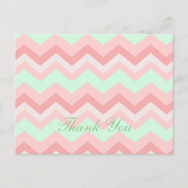 modern coral mint chevron wedding thank you postcard (Front)