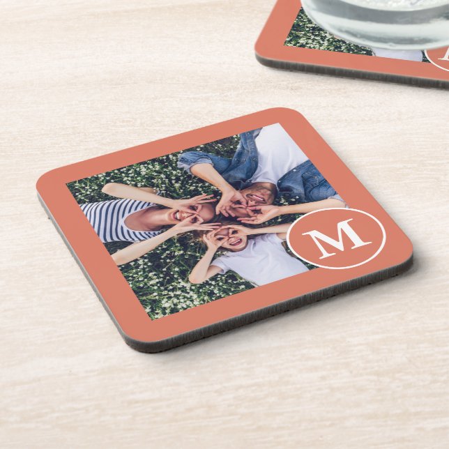 Modern Coral Orange and White Monogram Photo Coaster (Left Side)