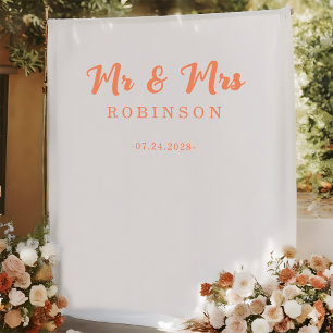 Modern Coral Orange Mr and Mrs Wedding Backdrop Tapestry
