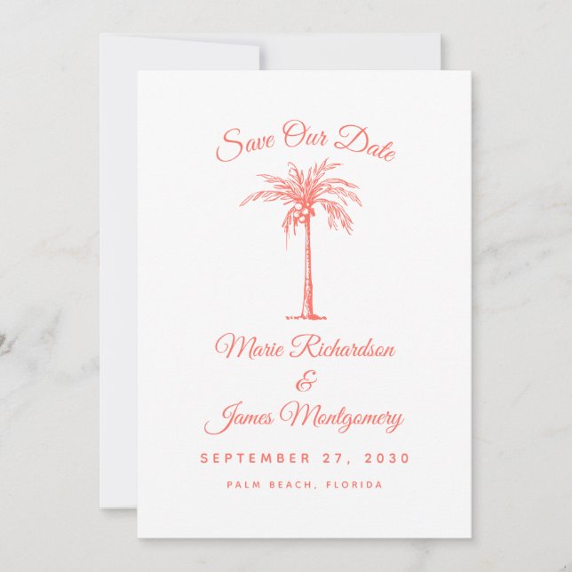 Modern Coral Palm Tree Beach Wedding Save the Date (Front)