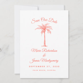 Modern Coral Palm Tree Beach Wedding Save the Date
