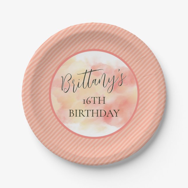 Modern Coral Peach Elegant Personalized Birthday Paper Plate (Front)