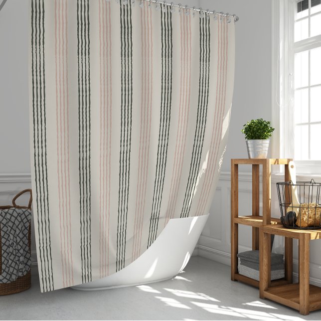 Modern Coral Peach Sage Green Stripe Boho  (Modern Coral Preach Sage Green Stripe Boho Shower Curtain)