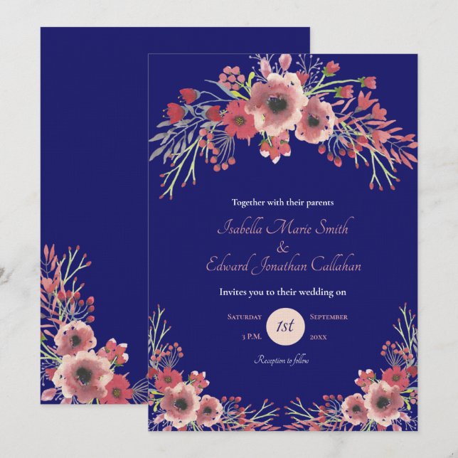 Modern Coral Peony Floral Navy Wedding Invitation (Front/Back)