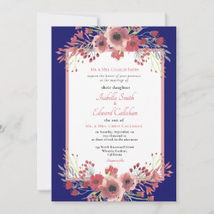 Modern Coral Peony Floral Wreath Navy Wedding Invi Invitation