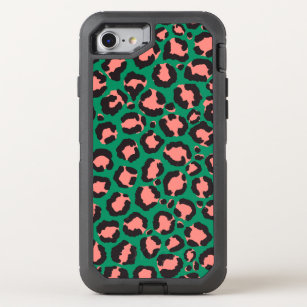 Modern Coral Pink Black Green Leopard Animal Print OtterBox Defender iPhone 8/7 Case