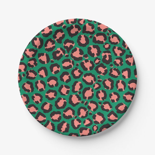 Modern Coral Pink Black Green Leopard Animal Print Paper Plate (Front)