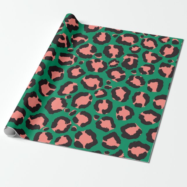 Modern Coral Pink Black Green Leopard Animal Print Wrapping Paper (Unrolled)