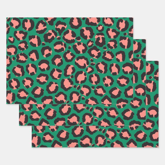 Modern Coral Pink Black Green Leopard Animal Print Wrapping Paper Sheet (Set)