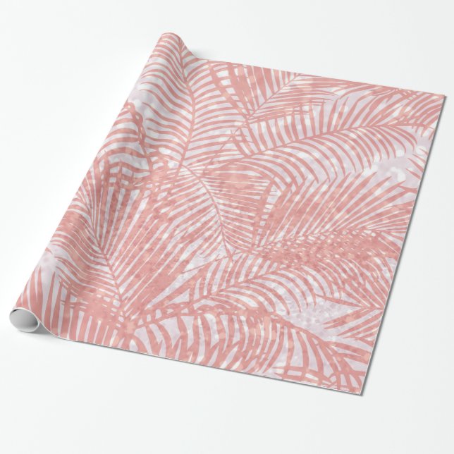 Modern coral pink faux glitter elegant palm tree wrapping paper (Unrolled)
