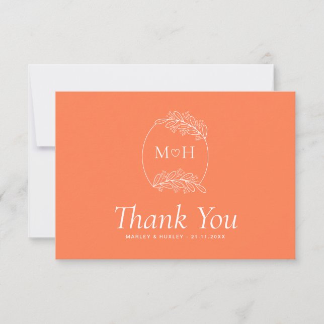 Modern Coral Pink Orange Boho Wedding Thank You Card (Front)