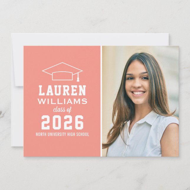 Modern Coral Pink Photo Graduation Party Invitation (Front)