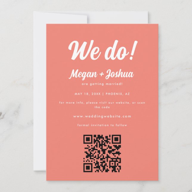Modern Coral Pink QR Code & Photo Wedding  Save The Date (Front)