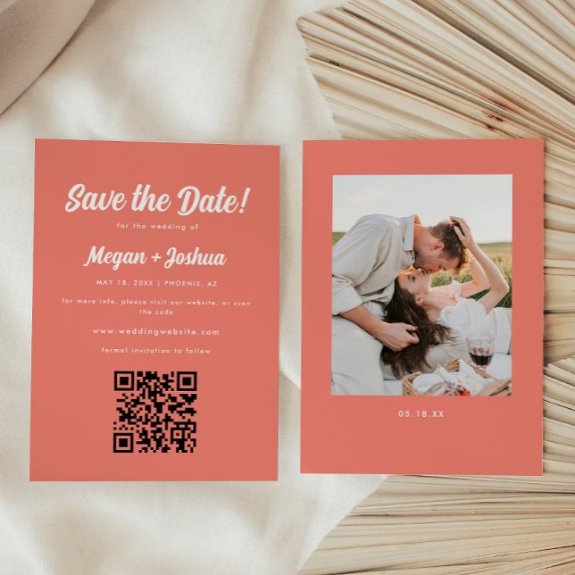 Modern Coral Pink QR Code Wedding Save The Date (Creator Uploaded)