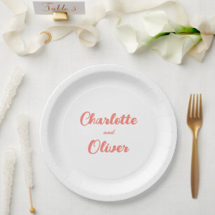Modern Coral Pink Script Wedding Party Paper Plate