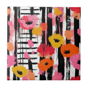 Modern Coral Poppy with Black Brushstrokes Tile