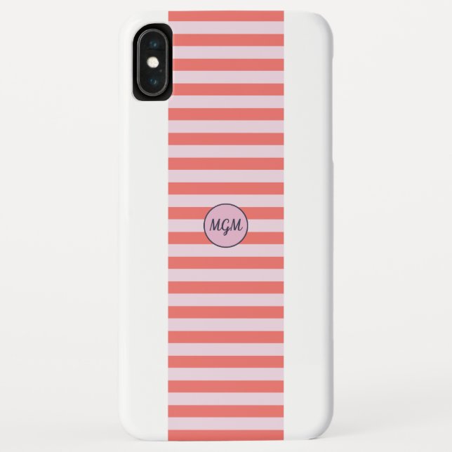 Modern Coral Red and Pink Striped Monogram Case-Mate iPhone Case (Back)