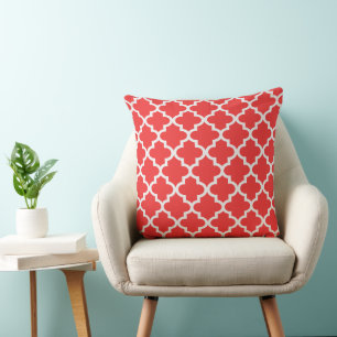 Modern Coral Red and White Quatrefoil Pattern Throw Pillow