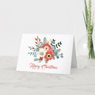 Modern Coral Red Floral Foliage Christmas Photo Holiday Card