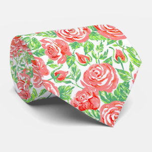 Modern Coral Rose Floral Pattern Wedding Tie