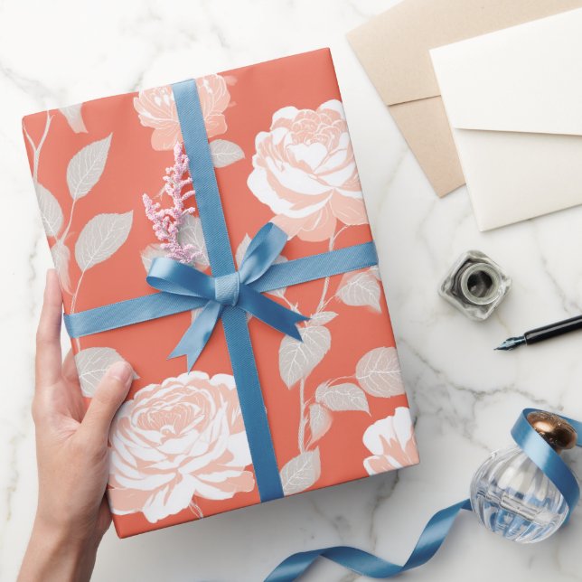 Modern Coral Rose White Floral Pattern Wrapping Paper (Gifting)