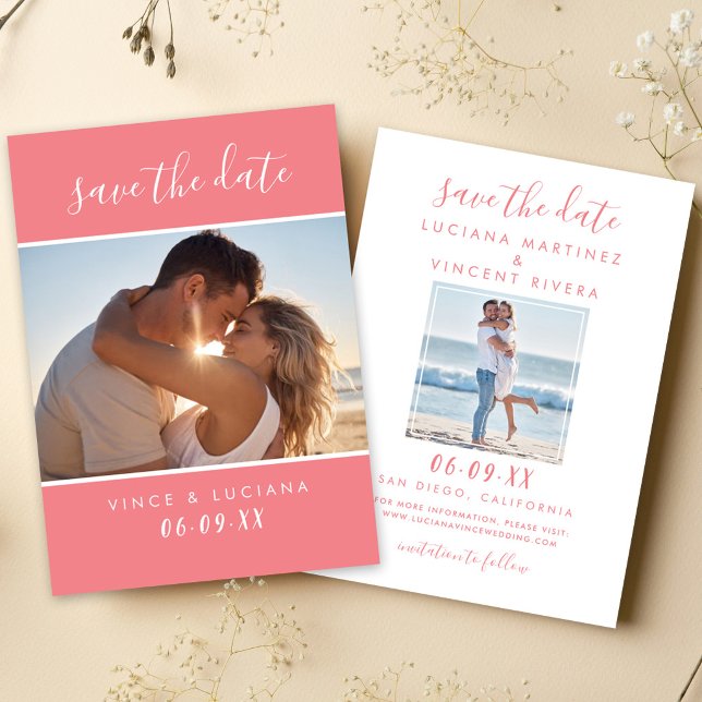 Modern Coral Script Photo Wedding Save The Date (Creator Uploaded)