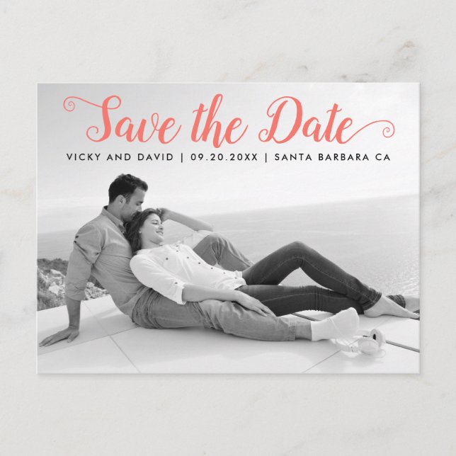 Modern coral script wedding Save the Date photo Postcard (Front)