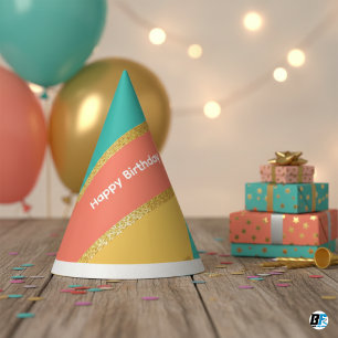 Modern Coral Teal Gold Glitter Happy Birthday Party Hat