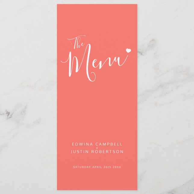 Modern coral text white heart simple wedding menu (Front)