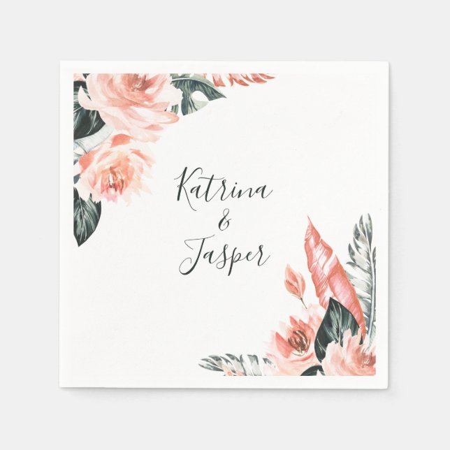 Modern Coral Tropics Wedding Napkin (Front)
