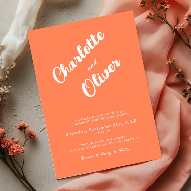 Modern Coral Union Script Orange Wedding Invitation (Creator Uploaded)
