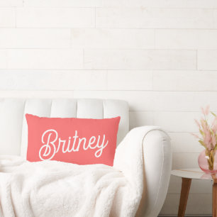 Modern Coral White Monogram and Name Lumbar Pillow