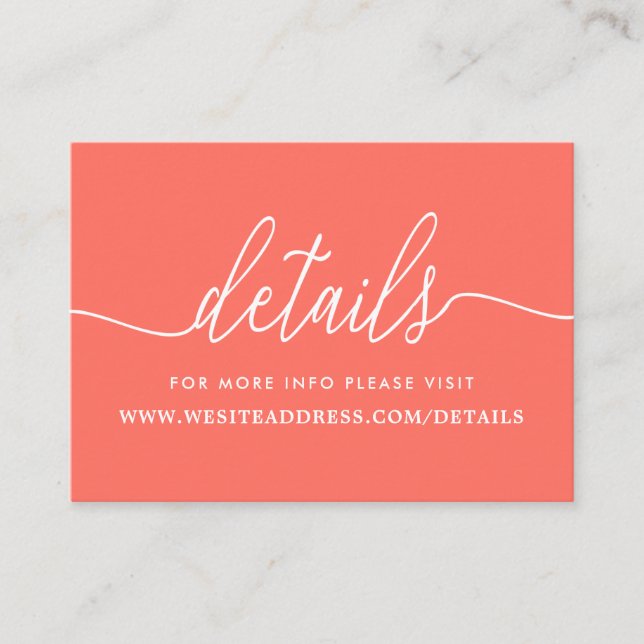 Modern Coral & White Simple Script Details Enclosure Card (Front)