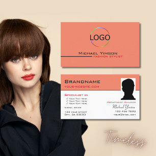 Modern Coral White with Logo & Photo Professional Business Card