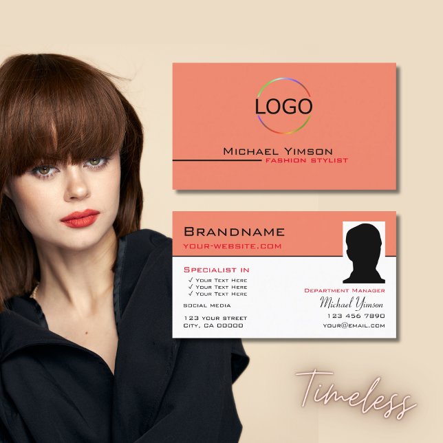 Modern Coral White with Logo & Photo Professional Business Card (Creator Uploaded)